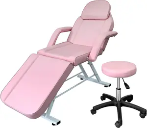 Tattoo Chair 3-Section Adjustable Salon Table with Head Cushion and Stool, Facial Chair Massage Bed, Max Weight Capacity 330lbs (Pink)