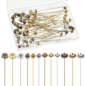 60 Pieces Head Pins for Jewelry Making Flower Beads Ball Pins 2.1 Inch with Clear Box for Jewelry Making Earring Bracelet DIY Accessories, Silver, 3 Colors(Classic Style)