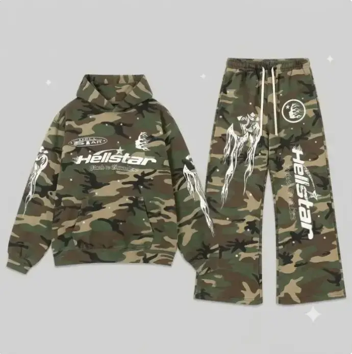 Hellstar Racer Tracksuit Vintage Camo Flame Graphic Hoodie Sweatpants Set Oversized Streetwear Jogger Set | Casual Urban Fashion | Everyday Hooded Top