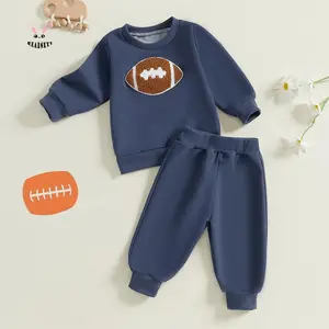 Toddler Kids Boys Fall 2Pcs Outfit Rugby Embroidery Crew Neck Long Sleeve Sweatshirt with Elastic Pants