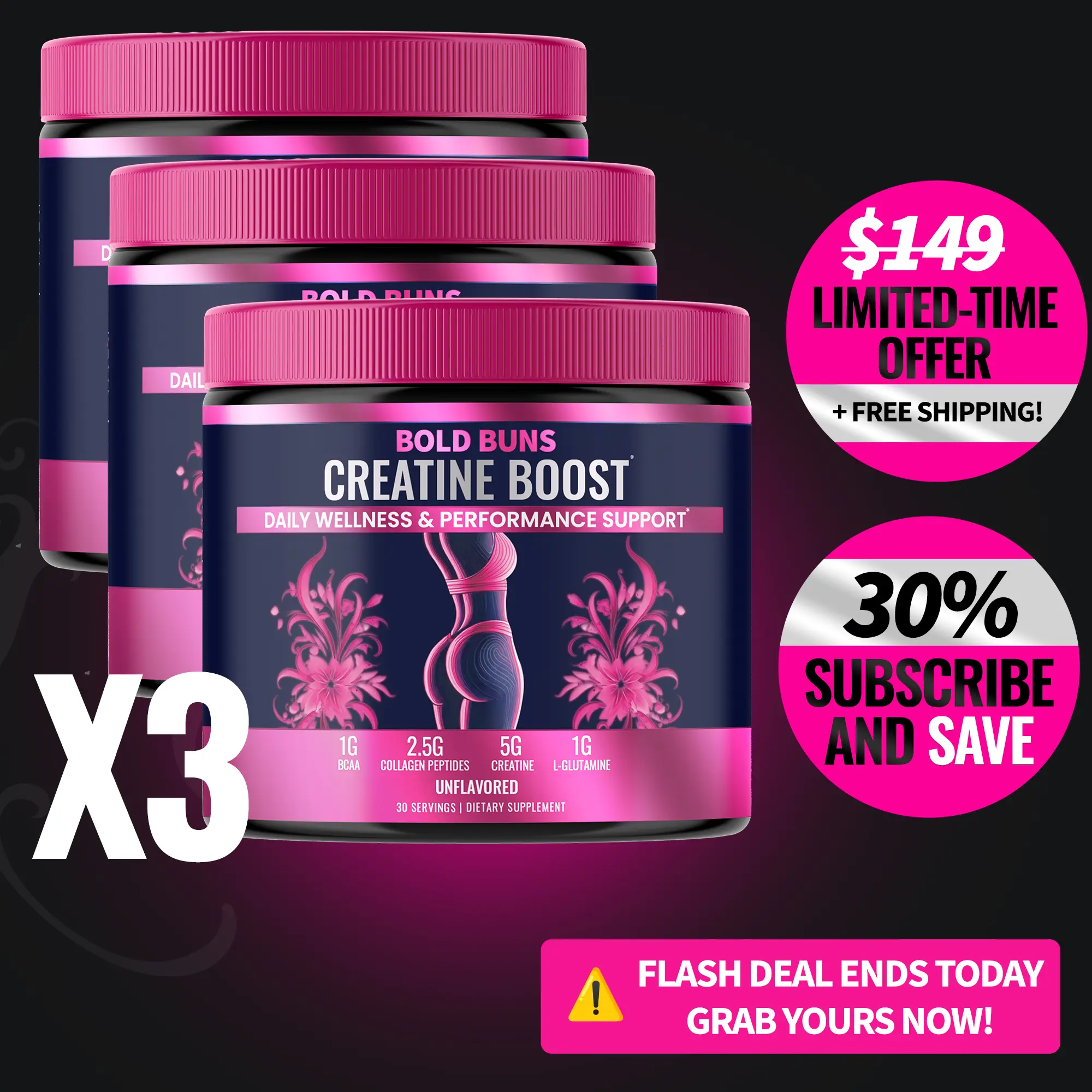 3 Pack | Bold Buns Creatine for Women – Build Strength, Support Skin Glow & Hair Heath, Recover Faster
