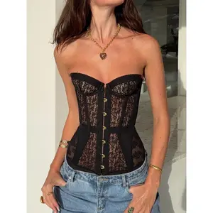 2025 Women Sexy Lace Strapless Corset Bandage Top Hollow Out Off-Shoulder Slim Fit Sleeveless Backless High Street Party Wear
