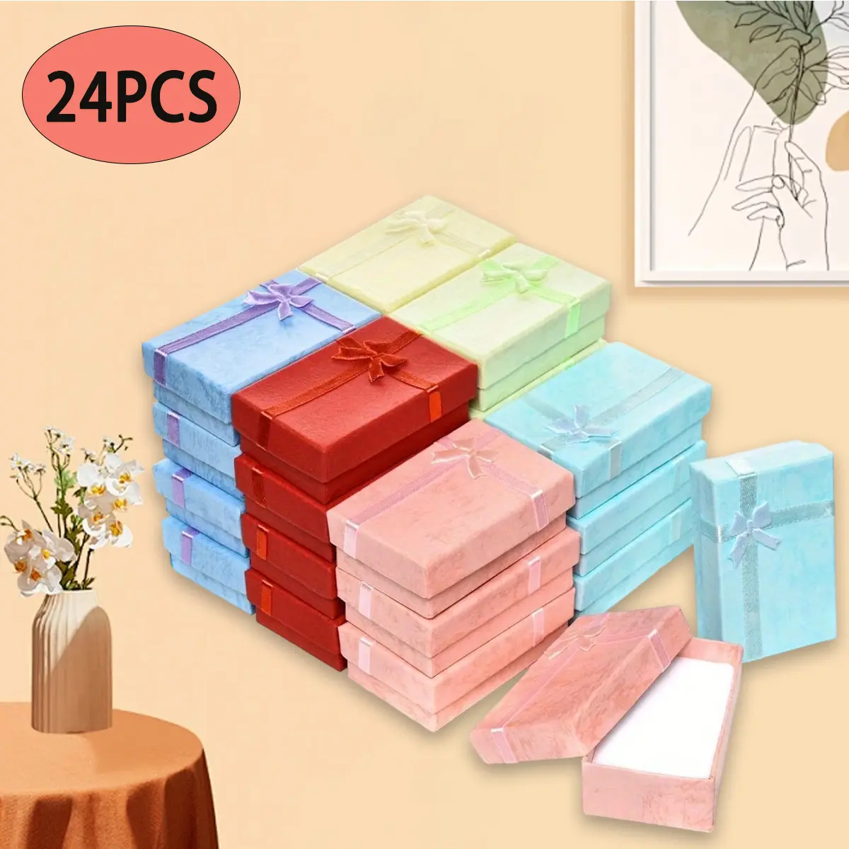 Jewelry Gift Box Set 24-Piece Durable Cardboard with Charm Bow & Ribbon for Rings Pendants Earrings Necklaces Ideal for Anniversaries Weddings Birthdays Assorted Colors 3.2 x 2.0 x 1.1 Inches