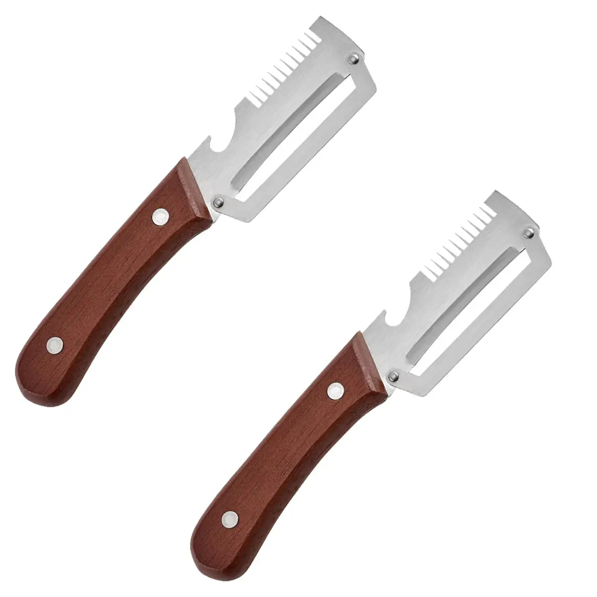 2PCS Upgrade 3-in-1 Vegetable Peeler/Julienne Cutter/Bottle Opener - Zero Flex Stainless Steel Blade, Wooden Handle for Potato/Carrot/Cucumber - Ideal for Kitchen, Travel, Camping