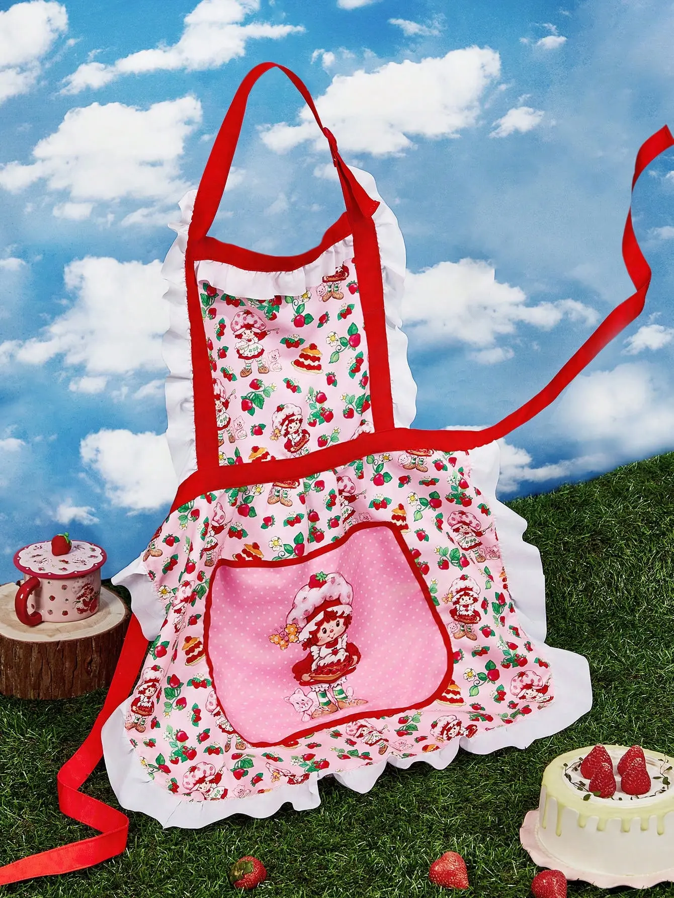 Girls' Cute Strawberry Shortcake Character Print Apron - 1pc, Ruffle Trim, Adjustable, Lightweight, Durable, Household Kitchen Essential, Ideal Gift for Strawberry Shortcake Fans, Suitable for Garden Use