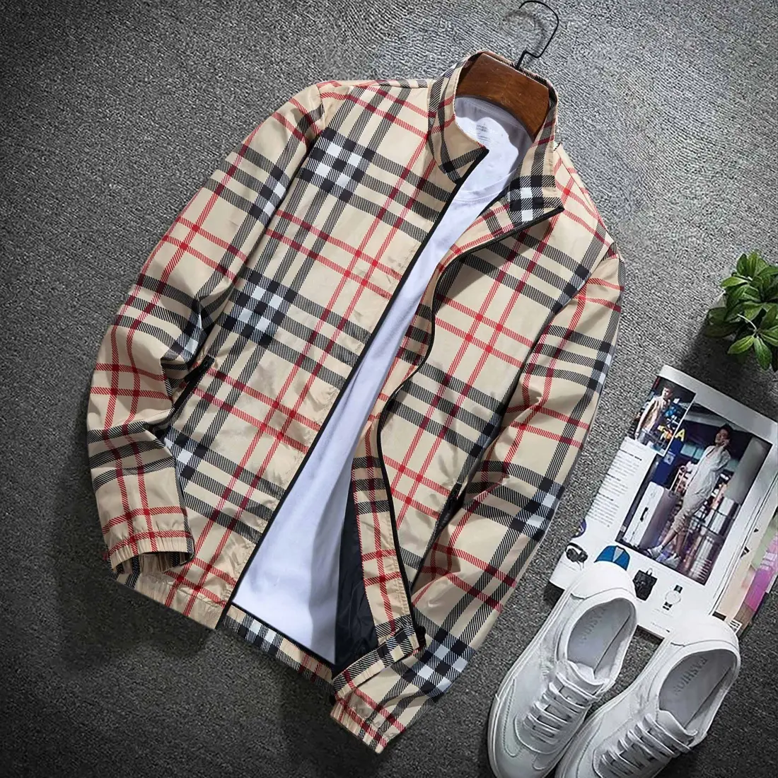 Men's Lightweight Stand Collar Jacket Zipper Windproof Coat Adjustable Drawstring & Color Block Striped Autumn Fashion Casual Male Outerwear Custom Personalized Jacket Cardigan Design fathersdaygift sohochic