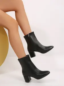 Women's Black Faux Leather Pointed - Toe Block Heel Ankle Boots, Side Zip Casual Walking & Party Footwear, Fashion Night - Out, Daily & Office Trendy Occasion Shoes, Comfortable Easy - To - Wear Lady's High - Heel Boots, Elegant Boots, Thick Heeled Boots