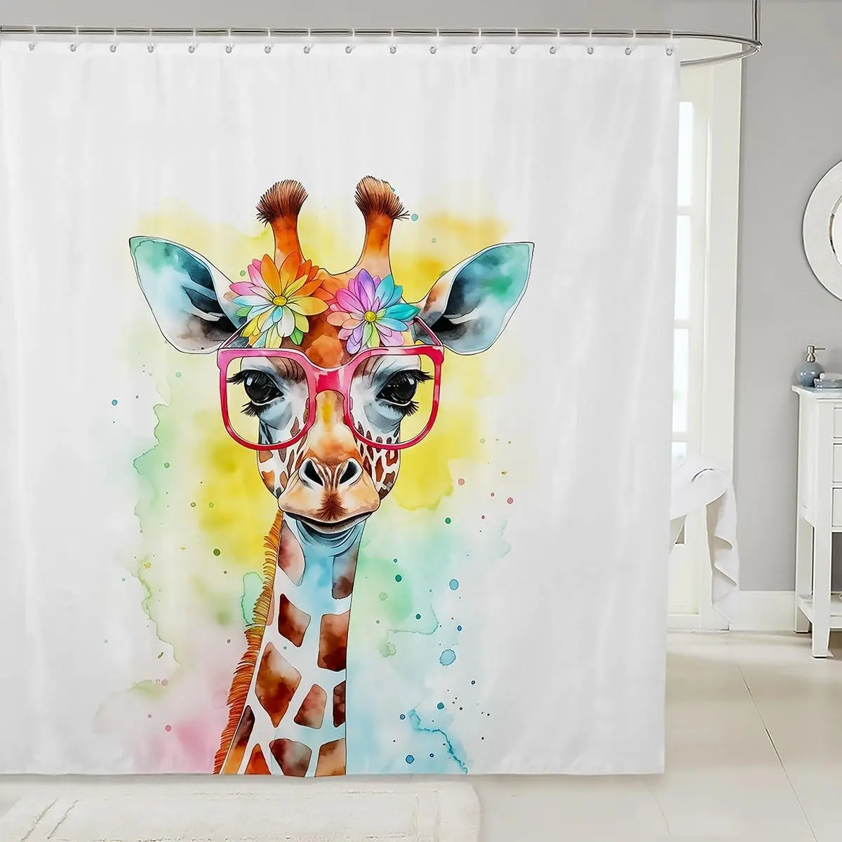 Watercolor Giraffe Shower Curtains,Cartoon Animals Bathroom Curtains Adults,Rainbow Tie-dye Boho Colorful Cute Waterproof Curtains Digital Printing Technology