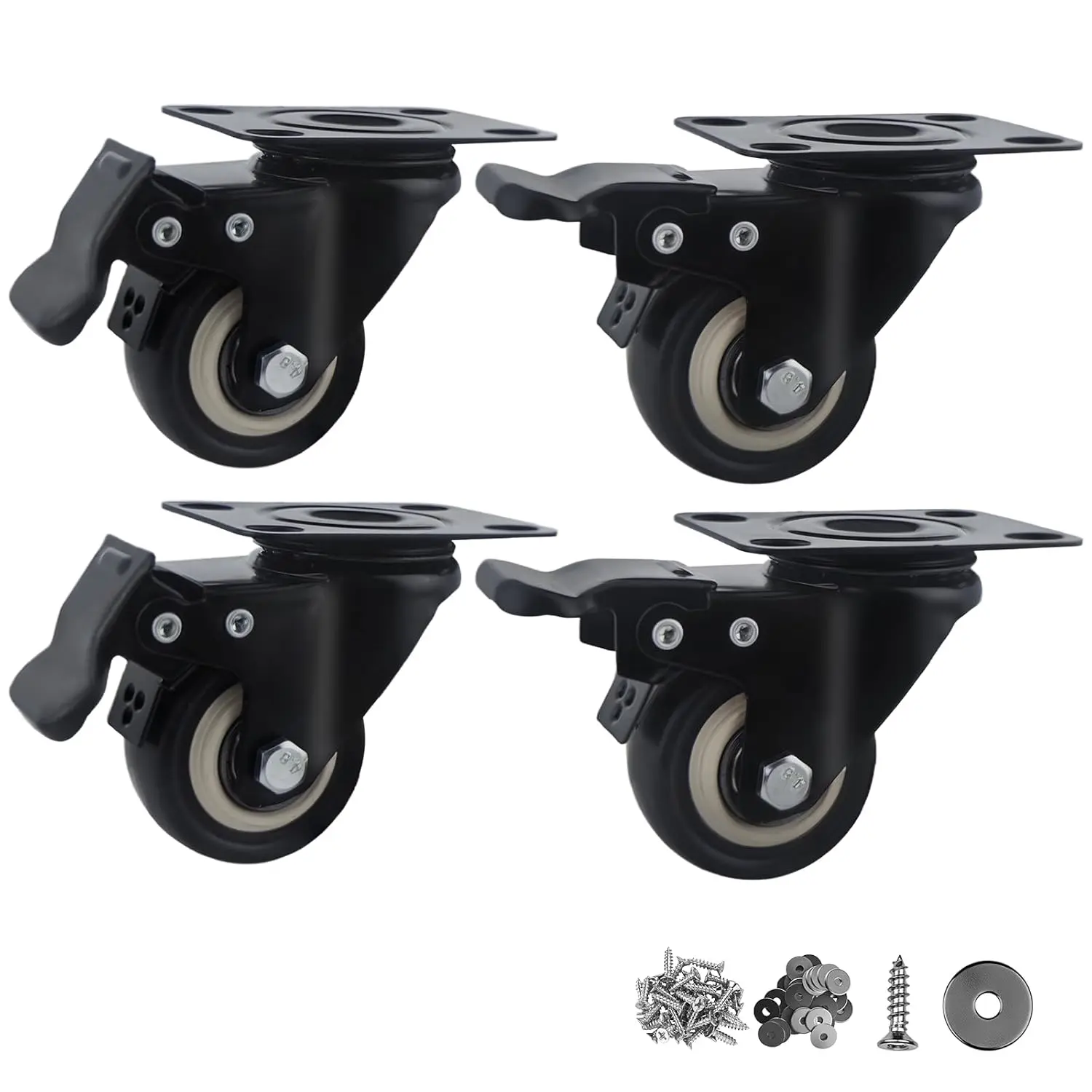 2 Inch Caster Wheels,Set of 4 Heavy Duty Casters,with Brake,No Noise Locking Polyurethane (PU) Wheels, for Furniture and Workbench Load 800lbs