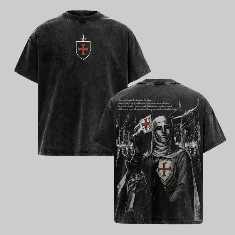 Men's Retro Baldwin IV "The Leper King" Crusader King Casual Tops - Vintage Washed T-Shirt, Hoodie, Tank Top, Sweatshirt, Shortsleeve; Jerusalem Cross Medieval Christian Streetwear, Armor Glory of God Menswear Outfit
