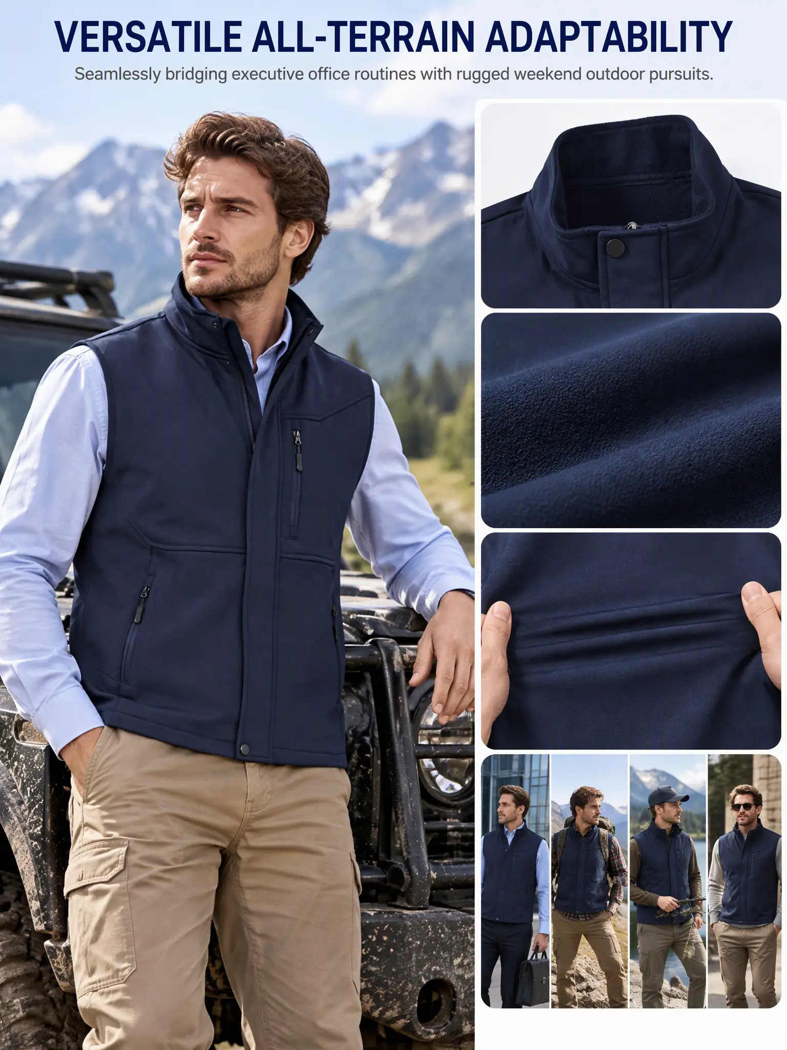 YUYANGDPB Men's Softshell Vest, Lightweight Fleece Lined Windproof Water-Resistant Full Zip Outdoor Vest with Zipper Pockets for Hiking, Camping, Golf & Work