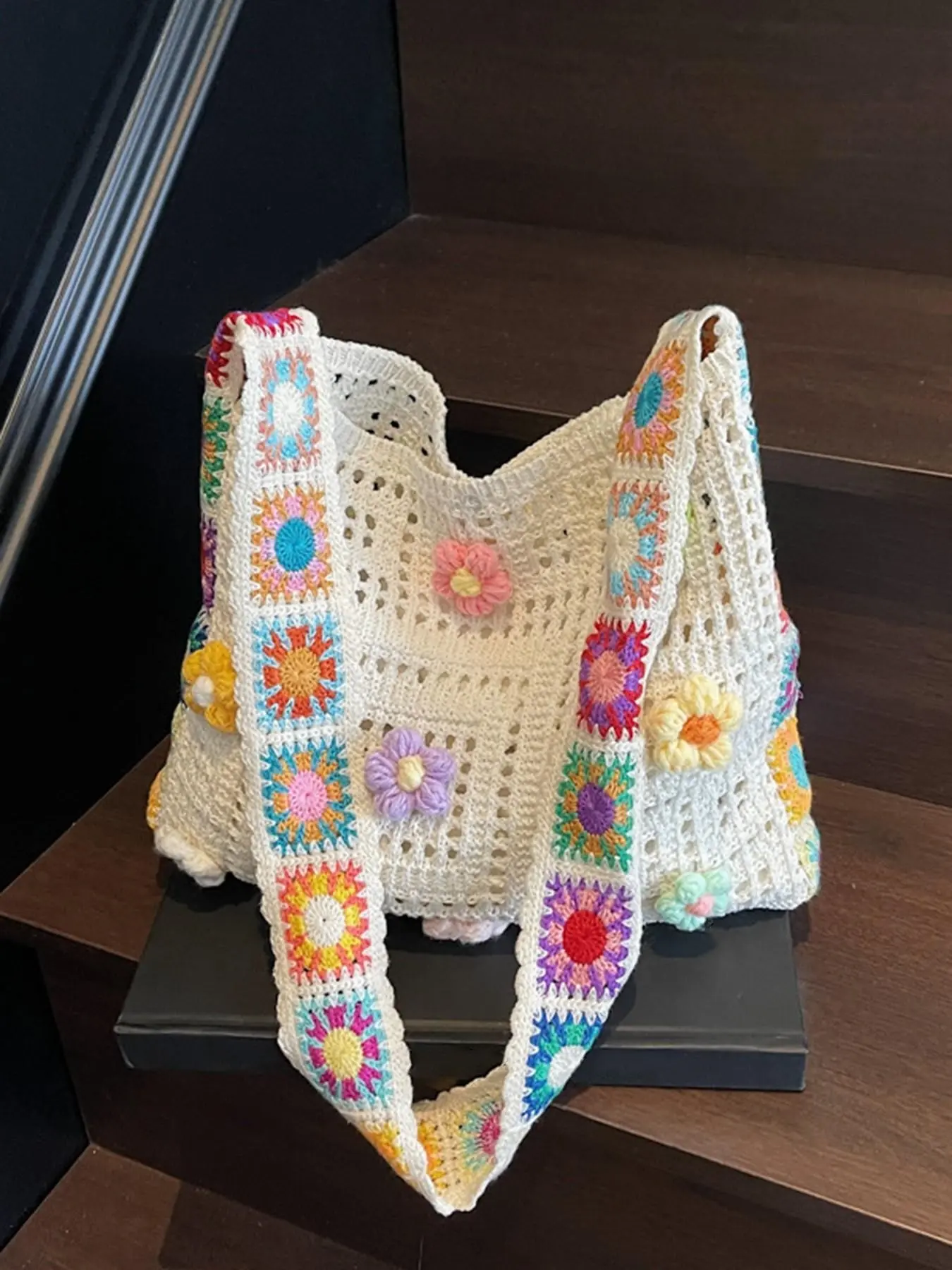 Fashionable and gentle woven tote bag with openwork mesh texture, three-dimensional floral decorations, rainbow-painted shoulder straps, and a beige base color. Crossbody Bag Essential for daily commutes and outings