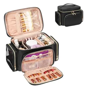 Bagmoly Large Makeup Bag Portable Travel Organizer for Women Girls with Brush Compartment & Two Side Pockets Black Cosmetic Toiletry Bag