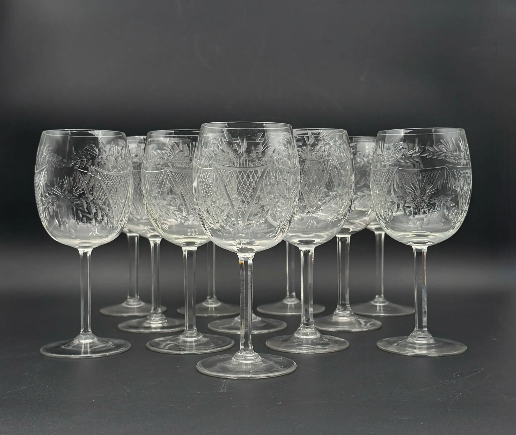 Vintage Hand Cut Crystal Wine Glasses- Set Of 10
