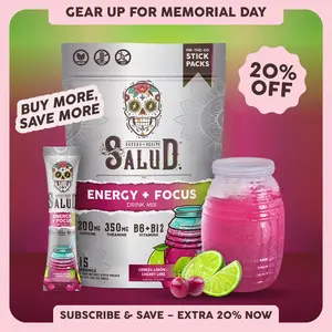 Salud 2-in-1 [Energy + Focus – Cherry Lime] Clean Energy Drink Mix, Agua Fresca, Organic Caffeine, B6 & B12, L-Theanine, Drink Packets, Non-GMO, Gluten Free, Vegan, Low Calorie, 1g Sugar (15 Servings)
