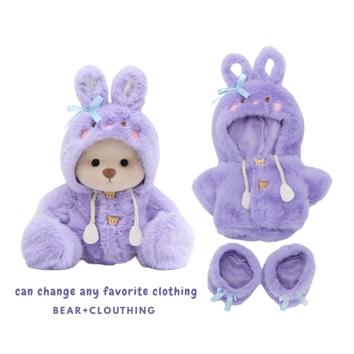 TEDDY HUGGY Cute Teddy Bear Series - Taro Purple Fluffy Hooded Dress Set Paired with a Cute Teddy Bear - 12 Inches Tall - Soft Plush Toy with Movable Joints - The Perfect Gift for Any Age.