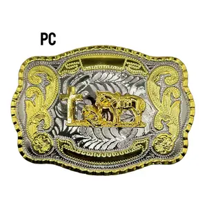 Lohkko Praying Cowboy Rodeo Belt Buckle Vintage Western Design with Horse & Cross in Bronze Textured Back for Secure Fit Two Tone Gold Silver Plating