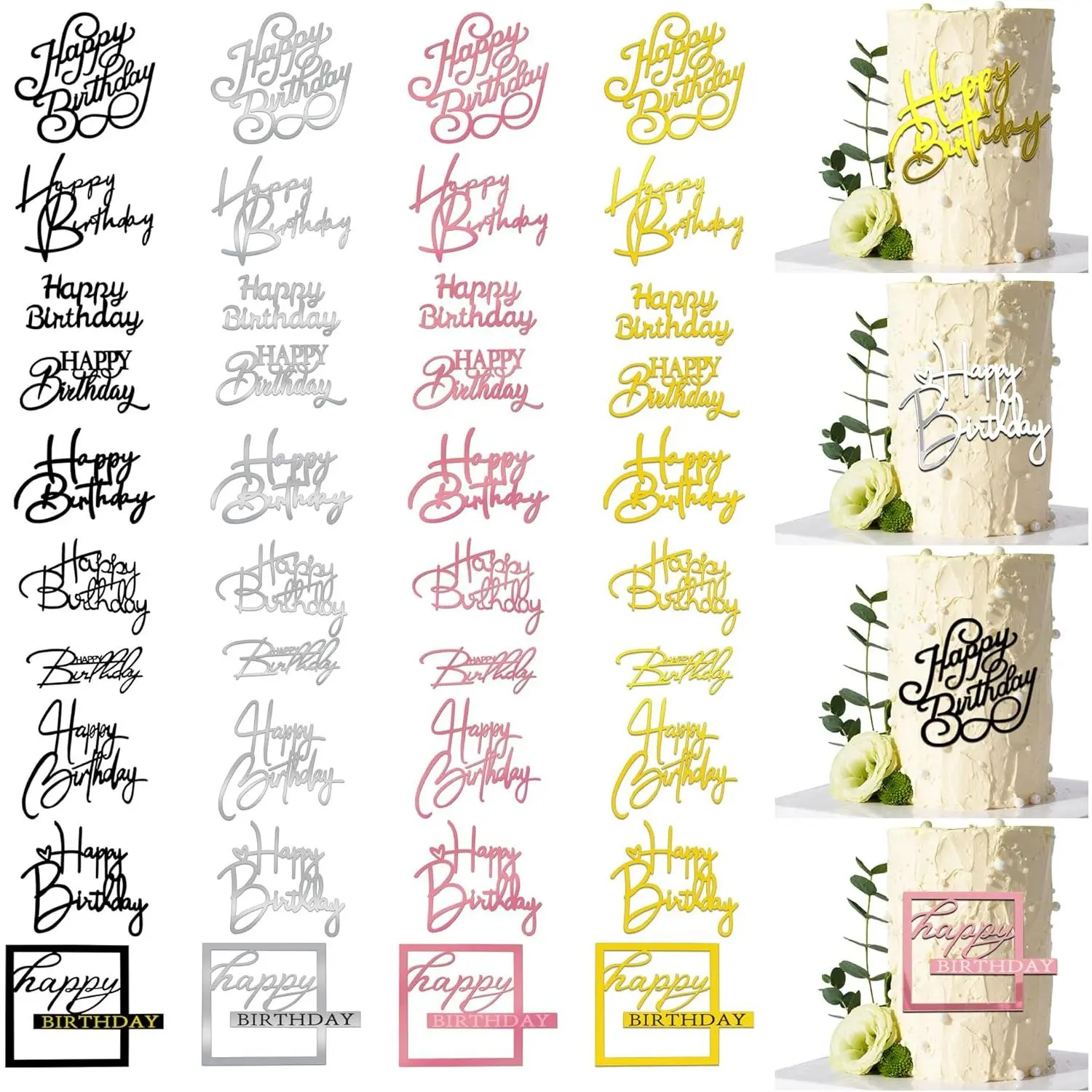 Glitter Mirror Acrylic Birthday Cake Toppers (40-Piece, 10 Styles, 4 Colors) - Decoration for Birthday Cake Celebration, Themed Cupcake Toppers for Festive Parties, Fits Desserts, Pastries, Fruit, Muffins, Themed Decorations Cake & Cupcake Toppers