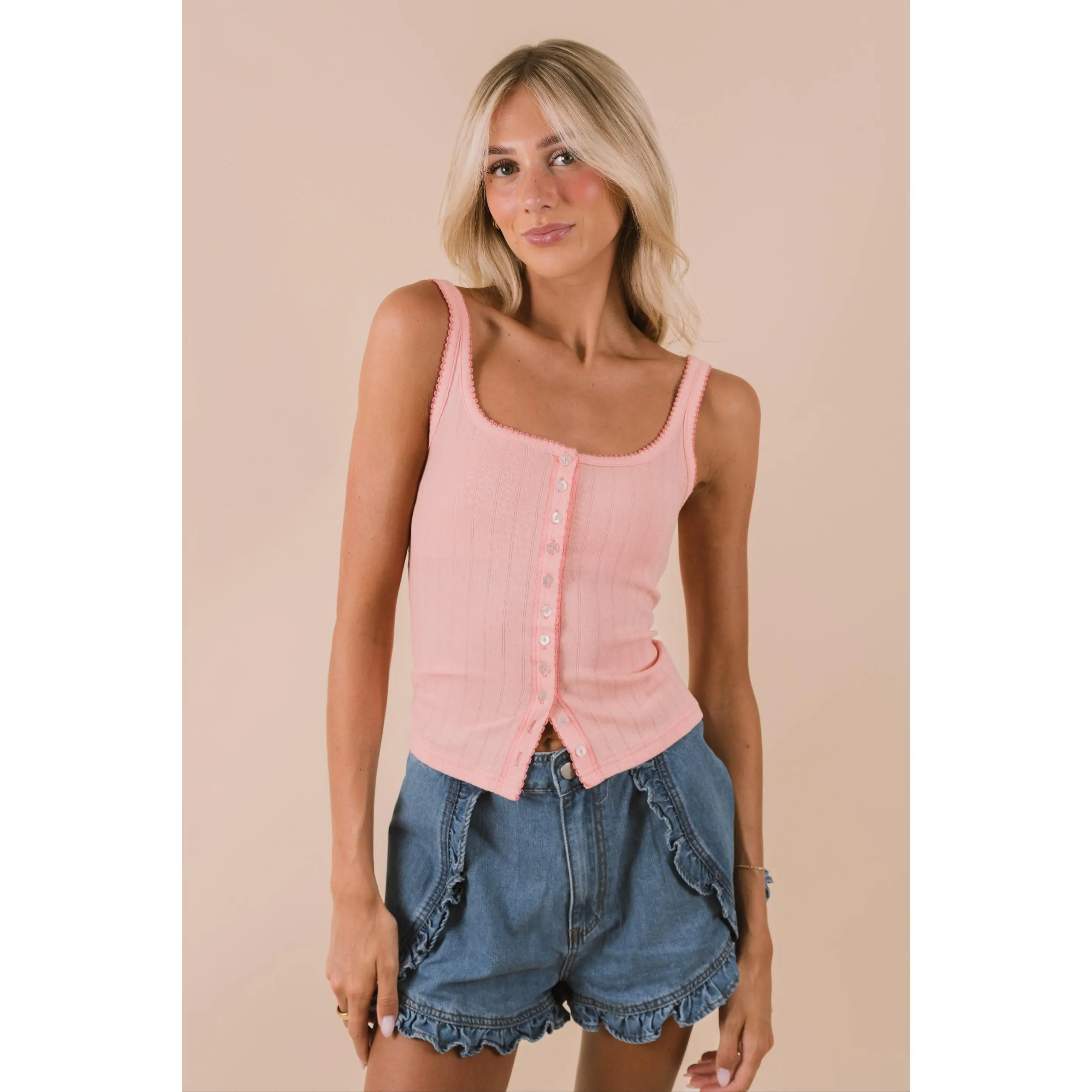Women's Ribbed Cami Top, Sleeveless Pointelle Cotton Blend with a Button Front, Stitch Detail and Picot Trim, Vibe, Day, Low Iron, Elastane, Twist, Square Neck, Pointelle Lace, Casual