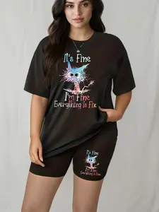 Plus-Size Printed Set — Featuring a cartoon-print top, fitness-friendly design, loose-fitting workout shirt, comfortable ensemble, women's apparel style, breathable construction.