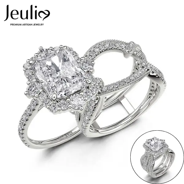 Jeulia Twisted Halo Ring Set for Women, 925 Sterling Silver Interchangeable Wedding Stack with Radiant Cut Stone & Pavé Accents, Engagement Bridal Ring Set, Gift for Her