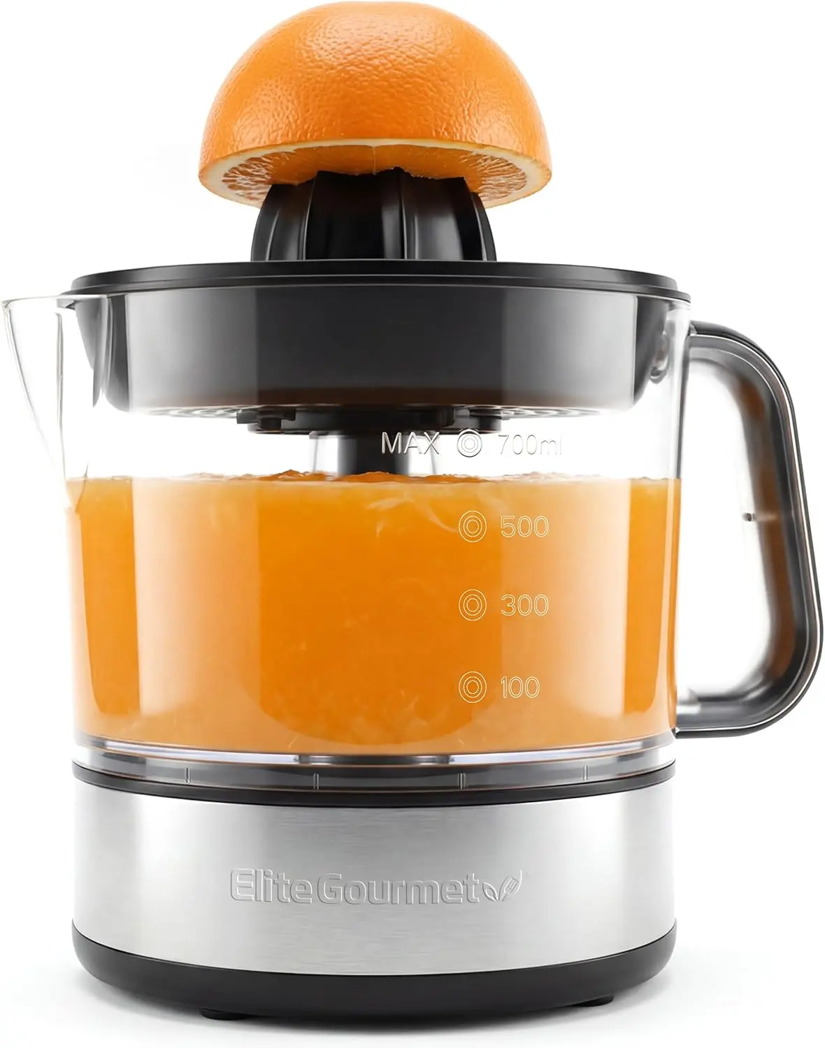 Elite Gourmet ETS623 BPA-Free 40-Watt Electric Citrus Juicer, Compact, Large Volume, Pulp Control, Oranges, Lemons, Limes, Grapefruits with Easy Pour Spout, 24oz, Black/Stainless Steel, Dorm Rooms
