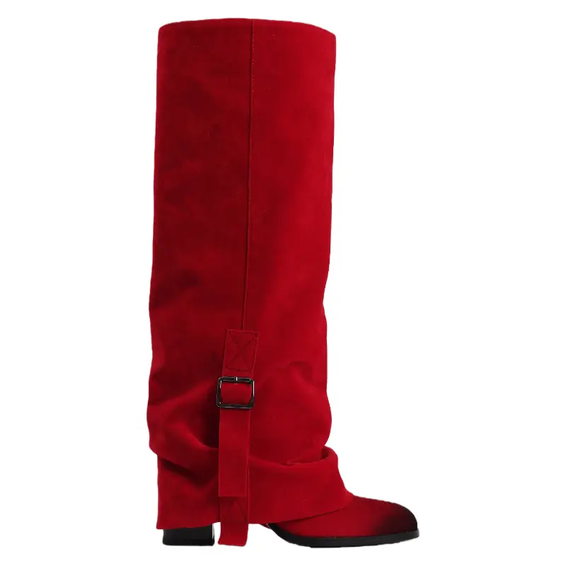 Women's Suede Round-Toe Fold-Over Boots Comfortable Adjustable Buckle Knee High Cowgirl Footwear for Versatile Wear Red Color Onyx Shoe Decor