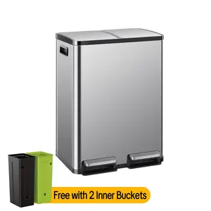 60L Stainless Steel Trash Can with Lid - Dual Compartment, Soft-Close Sealed Design, Pedal Operation for Kitchen/Office (2x8 Gallon Inner Buckets)