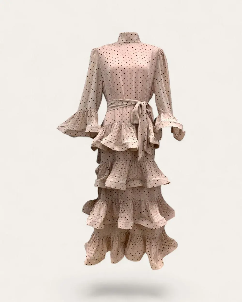 Women's Cute Polka Dot Midi Dress in Chiffon - Casual Fit & Flare Style with a High Neck, Long Flared Sleeves and Ruffled Tiers, Lady, Casual Fashion Dress, Polka Dot Style, Flared Tiered