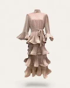 Women's High Neck Polka Dot Midi Dress - Long Sleeve, Flared Tiered, Ruffled, Casual Wear