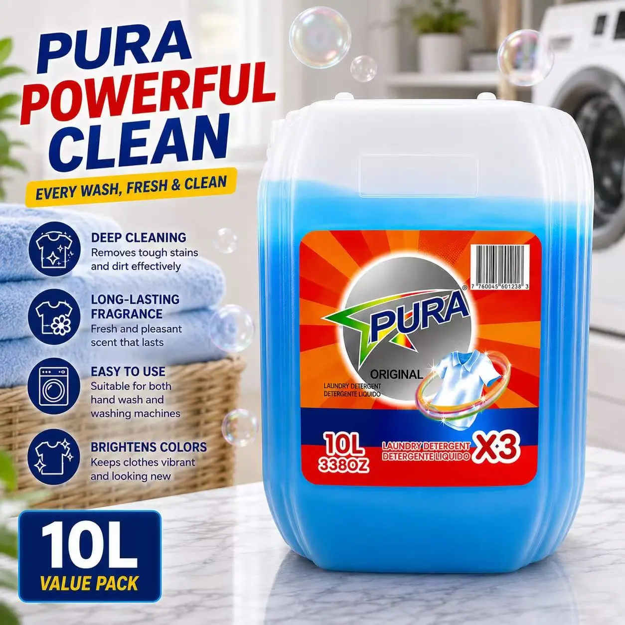 Extra Large 10L PURA Bulk Laundry Detergent Long Lasting Fragrance Large Volume Laundry Liquid Perfect For Big Family Daily Washing Household Supply