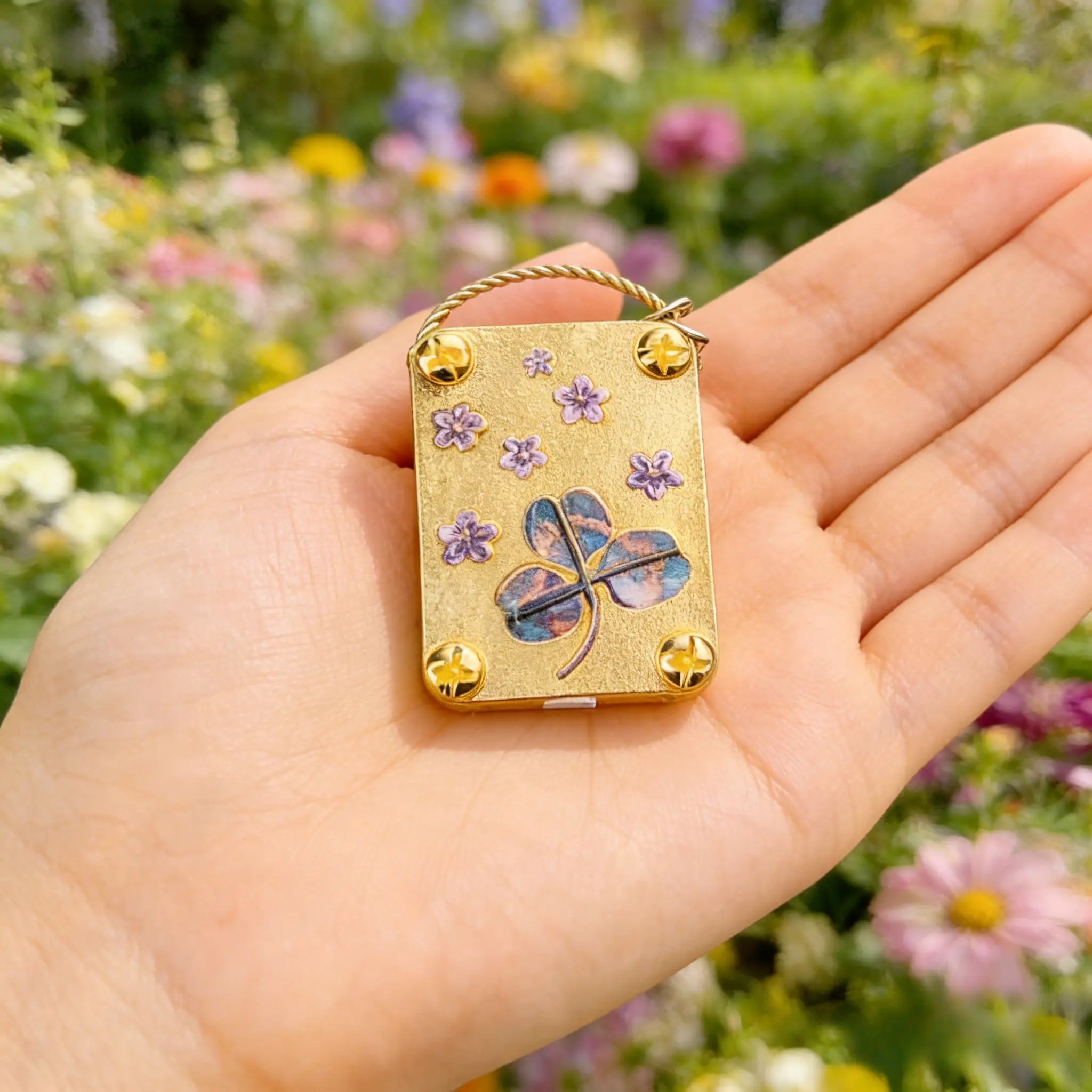 Handcrafted Mini Gold-Metal Coating Embossed Clover Floral Flower Press with Pendant - Secure Screw Press, Durable & Secure Home Decor Kit for Beginners and Experienced Artists, DIY Crafts Collectibles