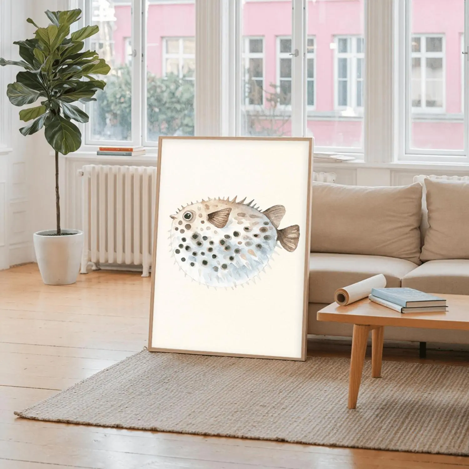 1pc Vertical Spiky Fish Wall Art Print - Modern Blue & White Marine Life Canvas Painting, Frameless Aqua Theme Poster for Coastal Decor, Ocean-Themed, Bathroom, Living Room, Bedroom - Easy Peel & Stick Installation (No Frame), Framelss