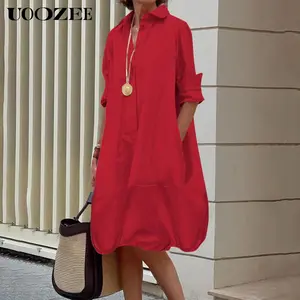UOOZEE Women's Casual Cotton Fabric Dress - Long Sleeve, Loose Solid Lapel Midi Shirt Dress with Pockets, Basic Simple Style, Camisole-Ready, Lightweight Comfortable Essential 1-Piece for 2 Key Occasions