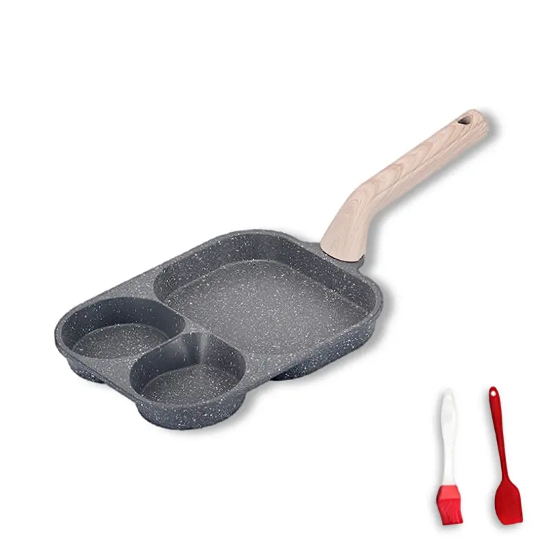 3-in-1 Nonstick Omelette Pan Skillet - 3-Hole Multi-Egg Cooking Pans & Woks, Eco-Friendly Granite Coating, Gas/Induction Safe, Includes Oil Brush & Scraper, Easy Clean Cookware for Eggs+Pancakes+Steak, Multifunctional