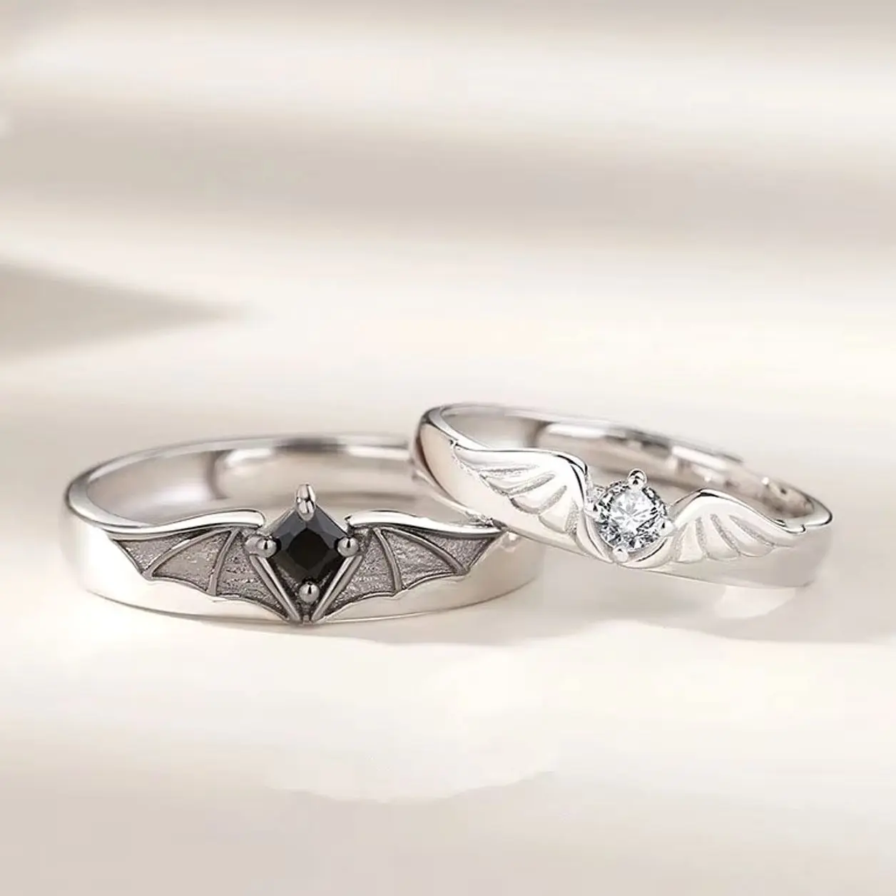 Luxury Crystal Angel and Demon Couple Rings, Adjustable Wings Design Wedding Jewelry