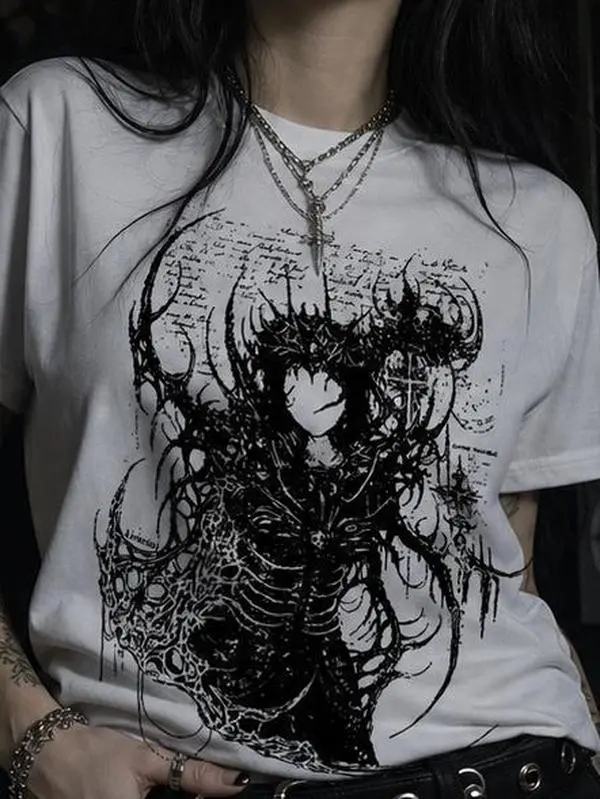 Women's Gothic Print Oversized Cotton Short Sleeve T-Shirt - Dark Skeleton Art, Thorn Fantasy Character Illustration, Breathable Loose-Fit, Medium Length, Machine Washable Grunge Streetwear, Alt Fashion Cargo Fabric Ripped Top, Unisex Alt Clothing