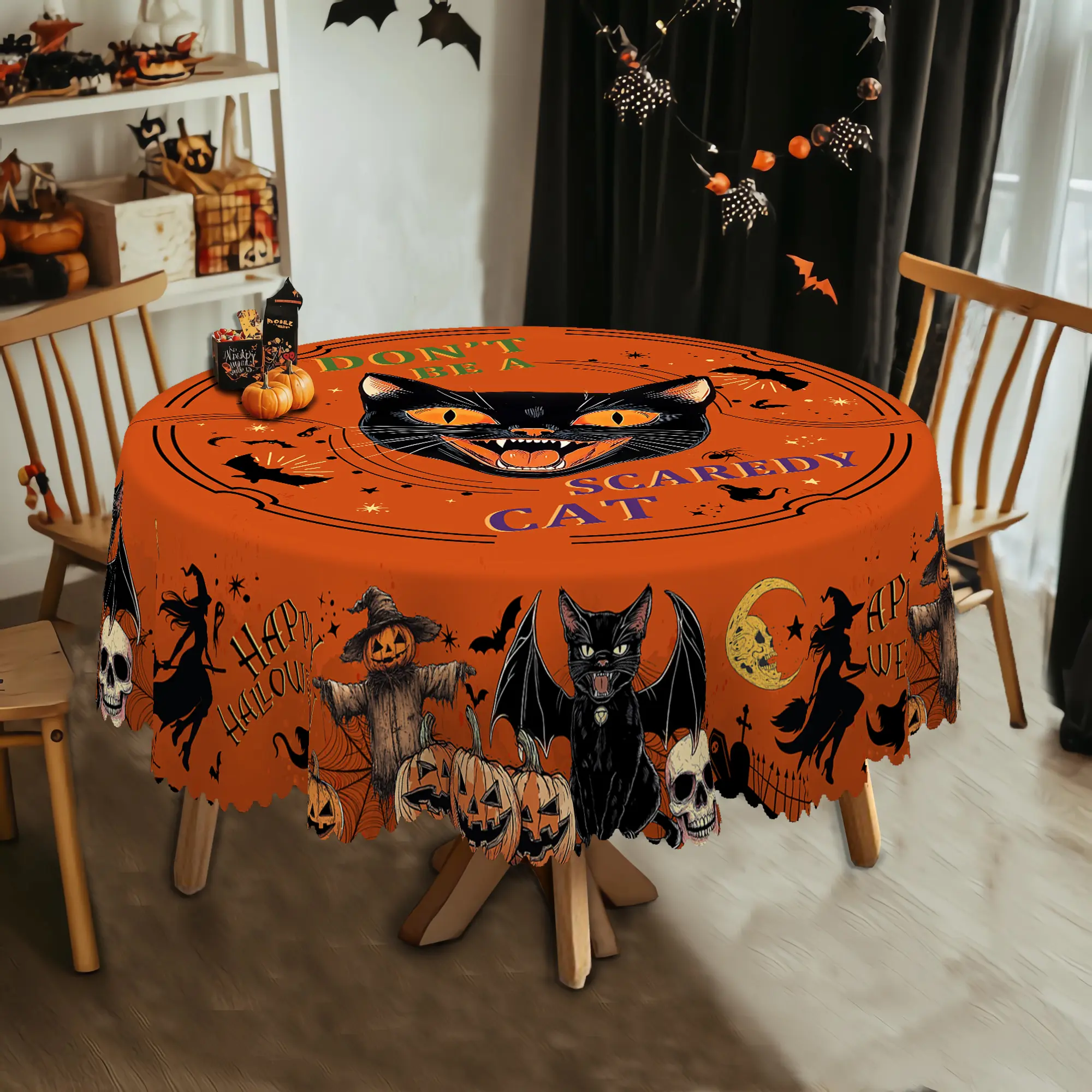 Halloween Decor Printed Tablecloth, Day Of The Dead Round Table Cloth, halloween outdoor decoration set , Pumpkin Black Cat Skull Pattern Print, Holiday Party Indoor Dining Decor, Rectangular Table Cover, Holiday Household Kitchen Supplies Gift