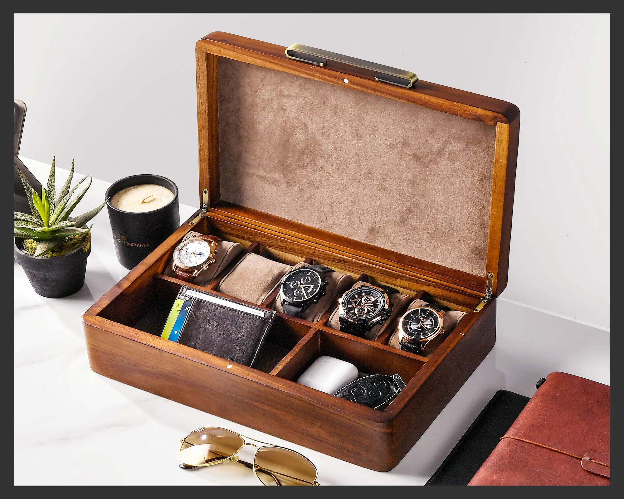 Watch Box For Men, Personalized Watch Storage Box with 5 Slots, Best Wood Organizer for Personal Stuff Like Airpods, small accessories