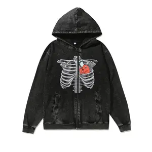 Chainsaw Heart Acid wash Zipper Hooded CSM Pochita Heart Unisex vintage Cotton Sweatshirt