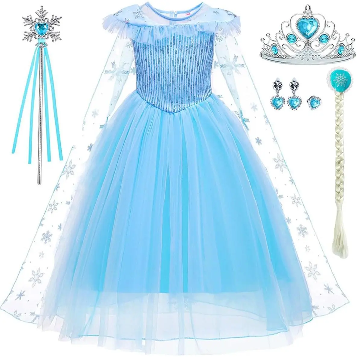 Toddler Princess Costume Set with Sheer Tulle Fabric Cape, Sequin Cosplay Gear with Accessories, Halloween Ideas & Costume for Parties, Back Zipper, Sequined Sparkle, All Seasons, Christmas, Detachable Cape, Dress, Hand Wash Only, Ring, Daughter, Hallowee