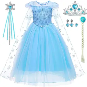 L-HDW019  Elsa Costume for Girls Toddler Elsa Dress Princess Halloween Birthday Outfit Blue Party Dress up with Accessories