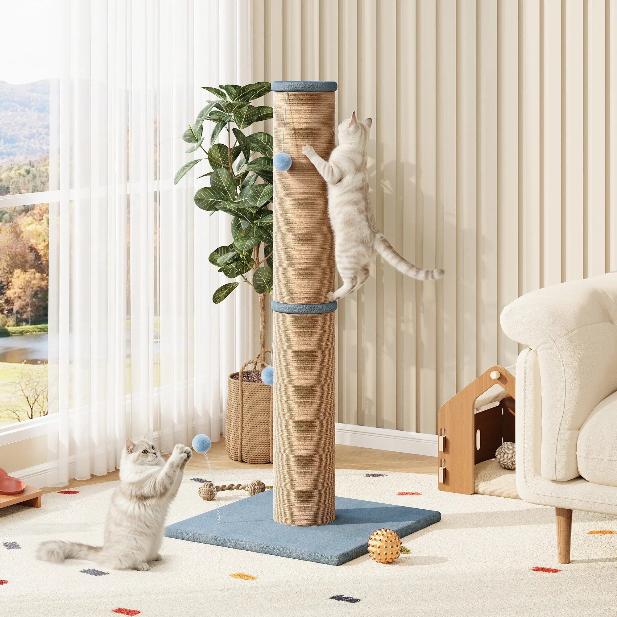 LIKIMIO Classic Modern Vertical Sisal Scratching Post - 41.7" Tall, 6.2" Diameter, with Hanging Ball, for Indoor Cats, Single Unit, Protects Furniture, Cat Scratcher