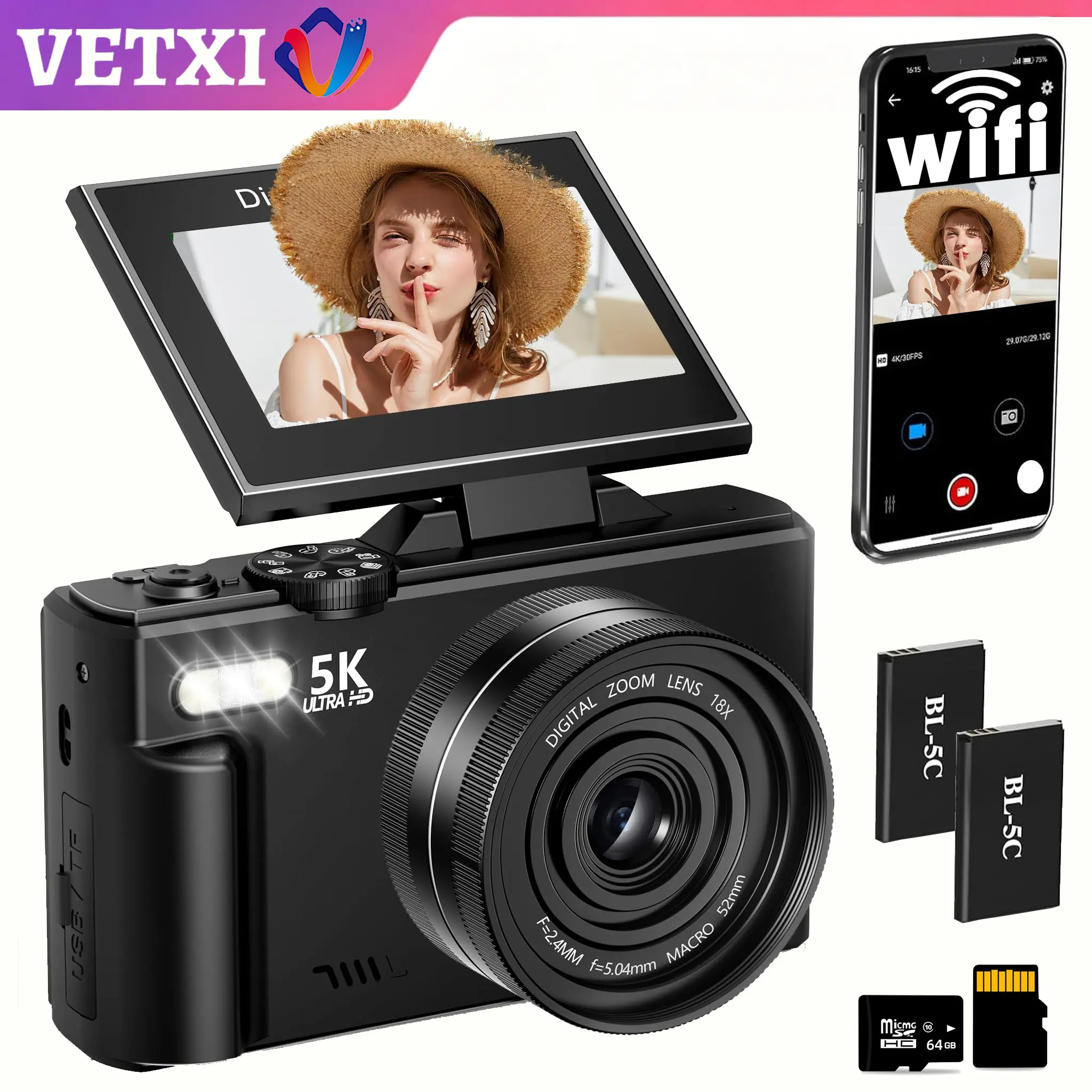 5K Digital Camera for Photography, 75MP WiFi Vlogging Camera for YouTube with 3" 180° Flip Screen, 18X Zoom UHD Autofocus Video Camara with 32GB SD Card, 2 Batteries, Flash, Travel Camera, Rechargeable
