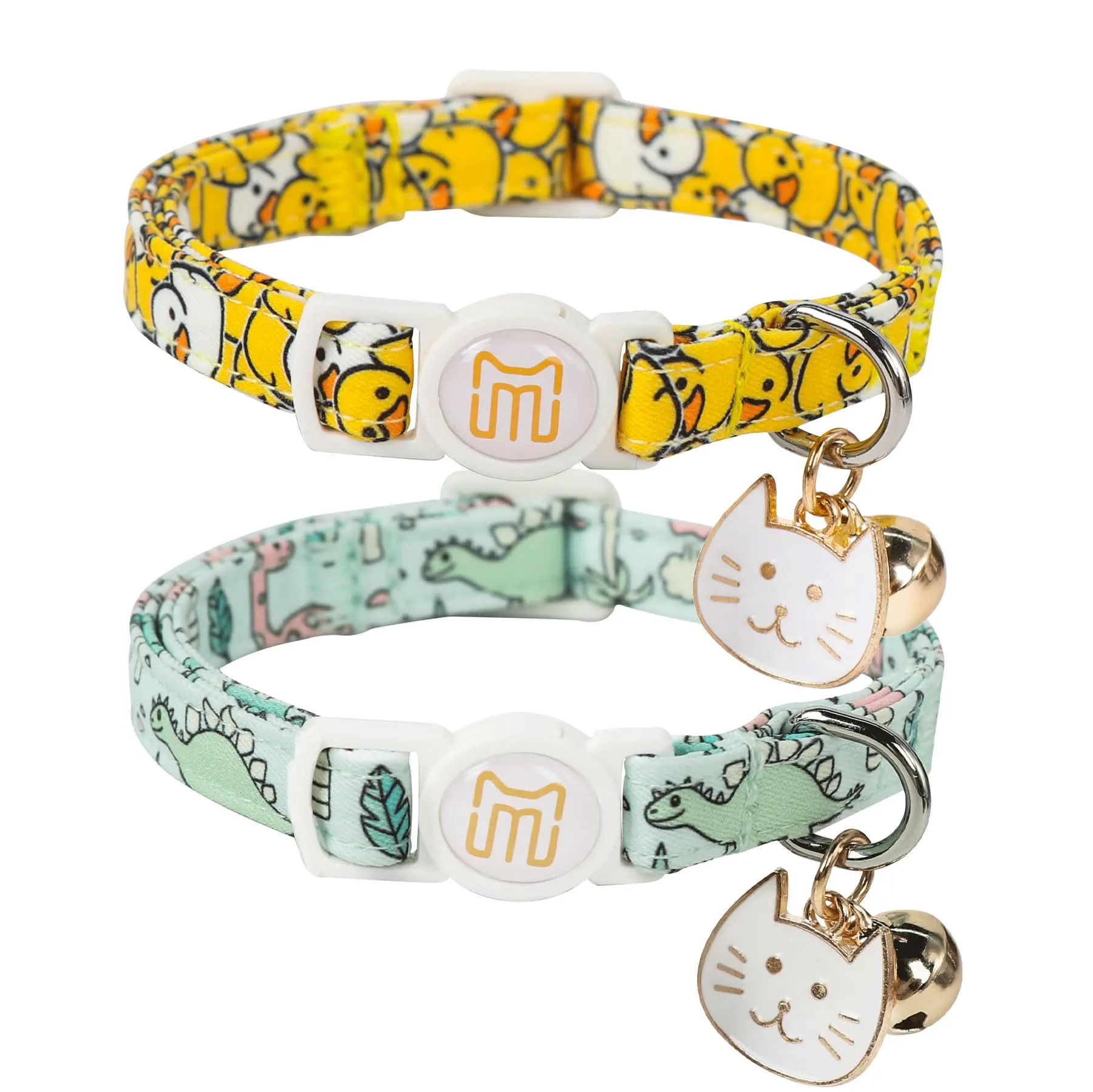 Maca Bates 2-Pack 2-Pieces Cat Collars with Bell Tracker - Christmas Gingerbread & Elk Prints, Soft Adjustable Durable Pink & Blue, Fits XS-Large Cats