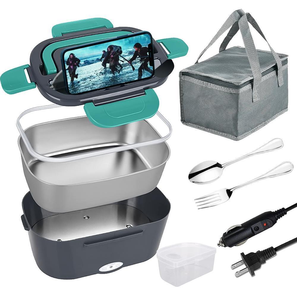 2-in-1 Electric Lunch Box Heater for Car/Truck/Home/Work – Leak Proof, 4 Removable Stainless Steel Containers, 110V/12V/24V 60W Tableware