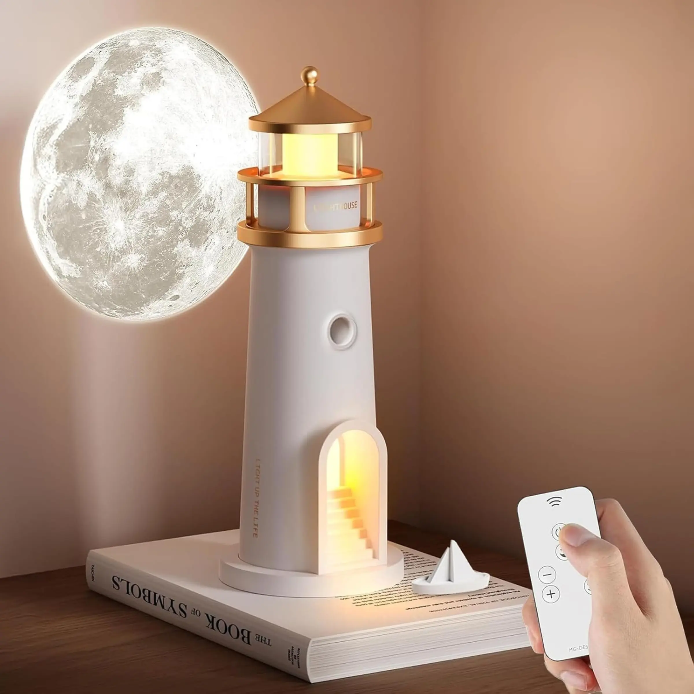 Moonlight Lighthouse Design Night Light, Art Decoration Ambient Projector Lamp, Illuminated Night Light, 2 Light Modes and 4 Levels Brightness Adjustment, with Remote and Timer, Suitable for Bedroom, Living Room and Gift