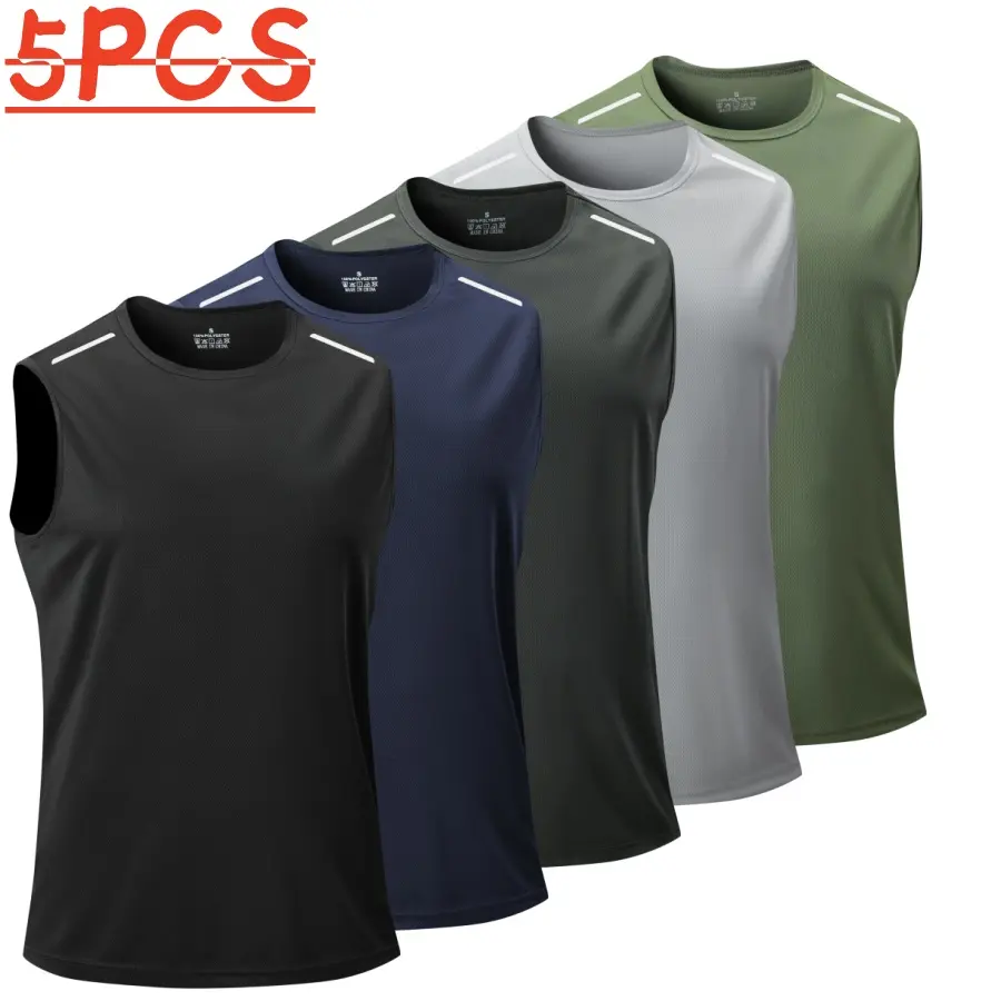Men's 5-Pack Dry-Fit Sleeveless Fitness Vests, Quick-Dry Breathable Fabric, Reflective Shoulder Stripes, Trendy Sport Tops for Outdoor Workouts, Father's Day Gift, Dry-Fit Vests