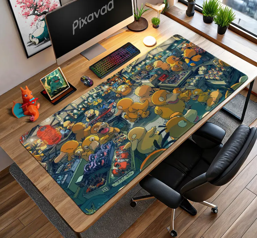 Psyduck Night Market Mouse Pad - Funny Urban Street Art, Kanto Duck Chaos Design, Anime Gaming Desk Mat Gift