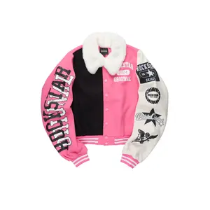 Kisha Pink/Black/White Fur Collar Varsity Jacket